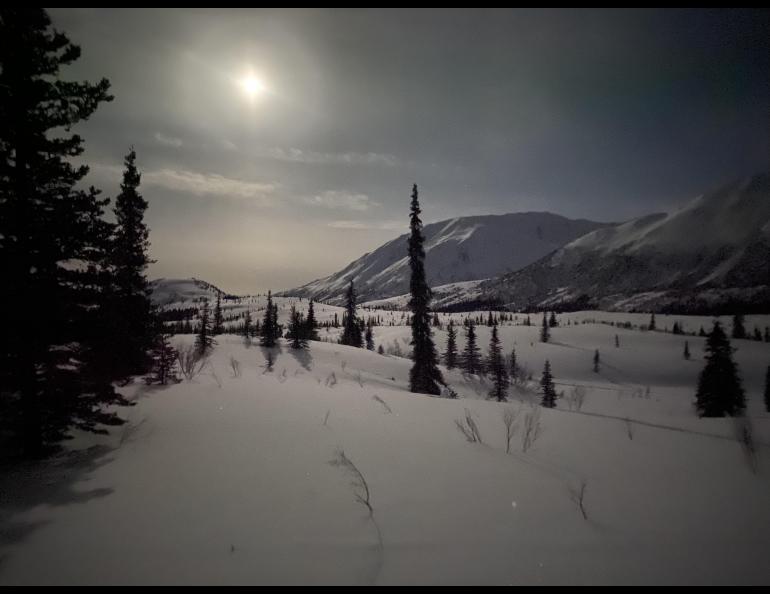 Peter Delamere captured this moonlight shot of the Alaska Range as he approached Rainy Pass by fat bike during the 2024 Iditarod Trail Invitational Race. Photo by Peter Delamere.